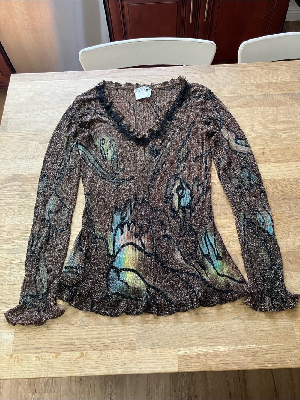 Alberto Makali Brown Mesh V-Neck Long Sleeve Top with Metallic Accents